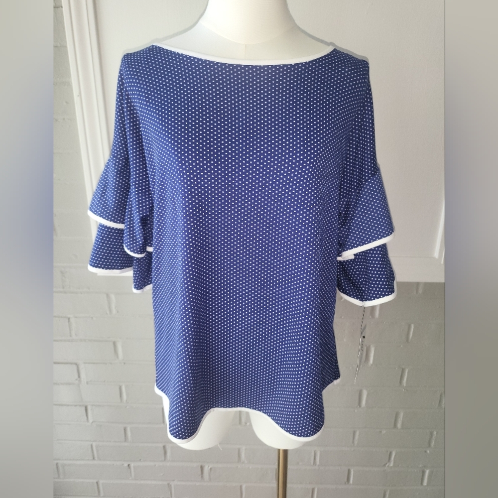Macy's Blue Polka Dot Blouse with Ruffle Sleeves